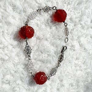 Antique Art Deco Red Amber Molded Glass Filigree Silver Chain Bracelet 7.5"